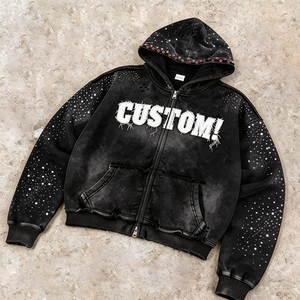 Customized Men's Heavyweight <b>500</b> <b>Gsm</b> 100% Cotton Acid Wash Zip Up <b>Hoodies</b> Streetwear Rhinestone Distressed Embroidered Hoodie - Product Image 3