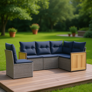 Grey Poly <b>Rattan</b> Garden <b>Sofa</b> Set 5 Piece With Cushions Outdoor Furniture Contemporary Design Teak Wood Panels - Product Image 2