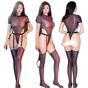 セクシーランジェリー レディース ナイトクラブクイーン ボディスーツ ガーターベルト ストッキング 誘惑 シースルー ハイ スリット タイト 光沢 シルキー グロッシー ソフト - Product Image 1