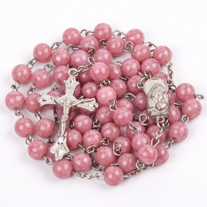Fábrica Rosario Católico Jesús 57 cm collar 8 mm rosa de ámbar de vidrio antiguo de plata de cadena de rosario - Product Image 1