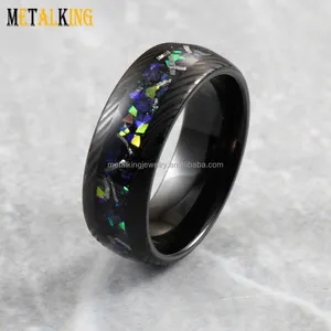 Black 8mm Damascus Steel Pattern Wedding Band Blue Fire Opal And Crush Meteorite Inlay Tungsten Ring