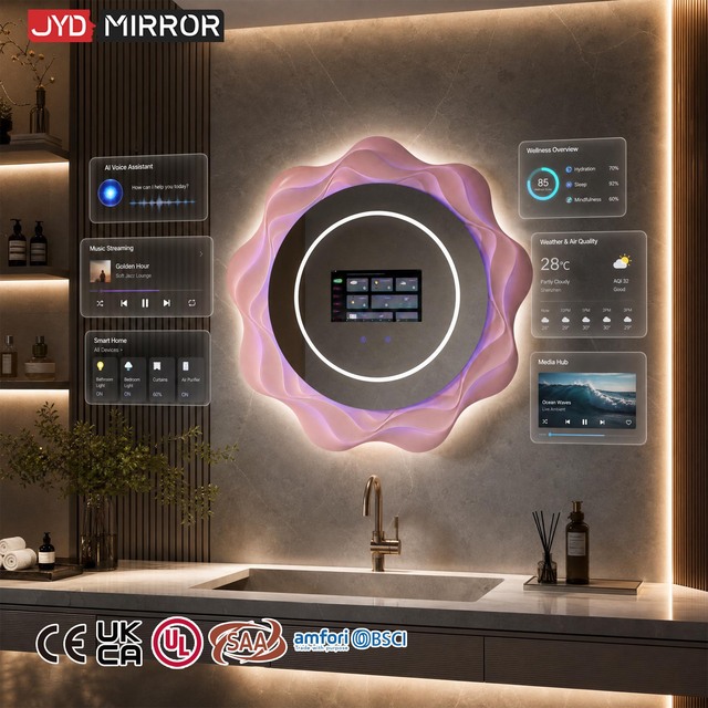 Wholesale Hotel Wi-Fi Connectivity 3 Colors Dimmable Irregular Touch Control Ai Led Light Smart Bathroom Mirror With Tv