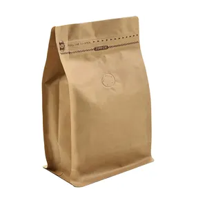 Sac de café debout en papier kraft Pochette à fond plat avec valve de dégagement d'air et fermeture à glissière latérale réutilisable