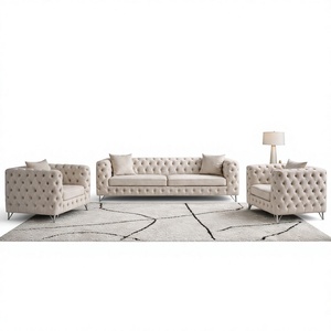 Juego de Sofás Chesterfield de Tela con Diseño Acolchado, Patas de Madera, Brazos Enrollados, Muebles de Sala de Estar, Estilo Contemporáneo, Esponja de Madera, Villa - Product Image 1