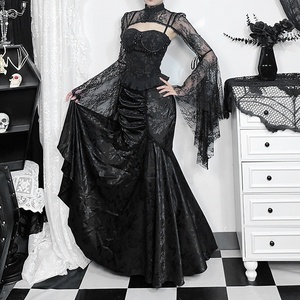 Gonna lunga <span class=keywords><strong>gotica</strong></span> da donna con arricciature - Gonna a coda di pesce asimmetrica in jacquard nero con finiture in pizzo per un look elegante e alternativo - Product Image 2