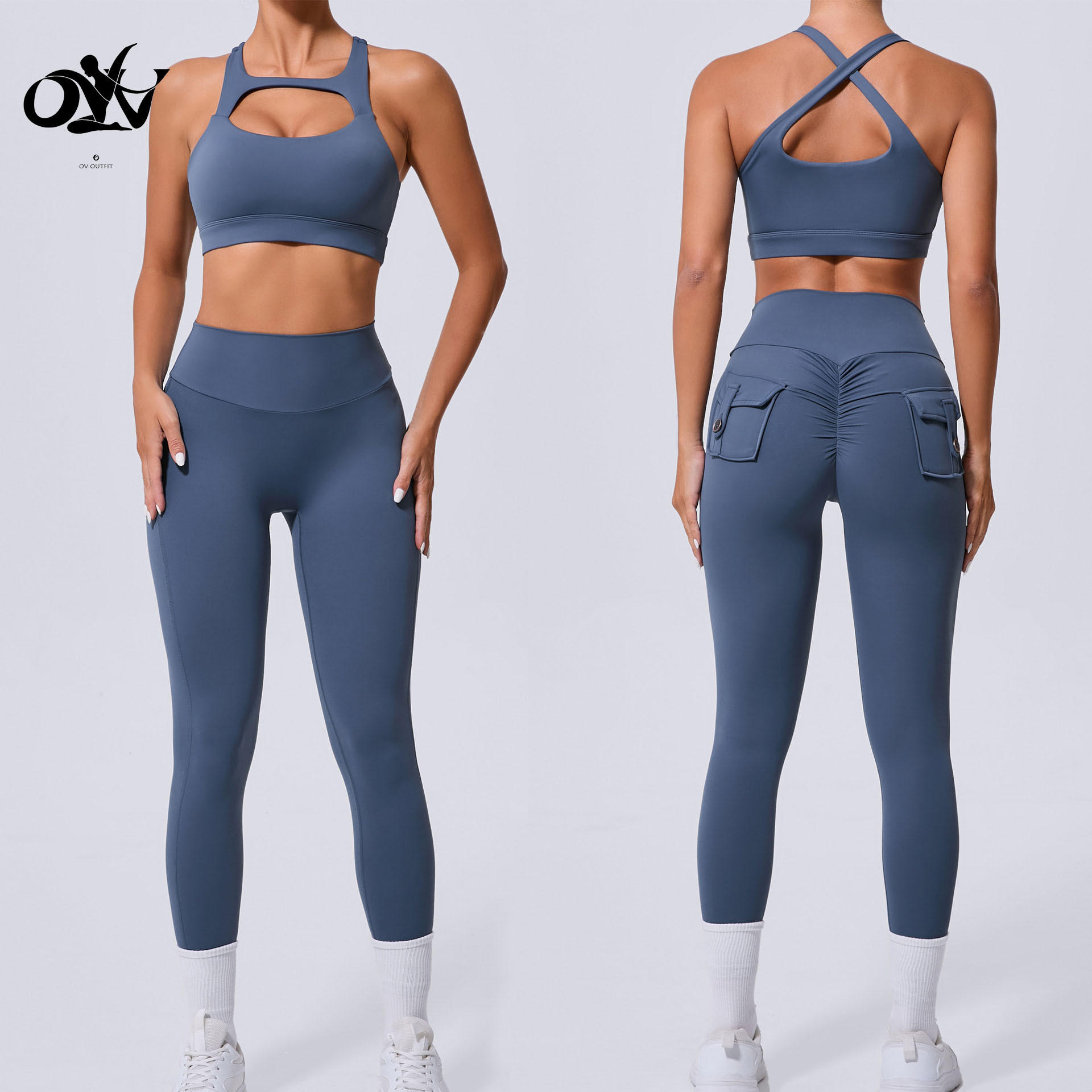 Pockets Tight High Elasticity Women Sport Set High-waist Quick-drying Fitness Yoga Sets Hollow-out Cross Design Yoga Sports Bra