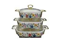 Plats de service rectangulaires en céramique blanche, ensemble de casseroles avec motif de citrouille coloré et support en métal doré
