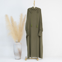 Modèle Tendance Jilbab Hijab Abaya Robe Femme Froissée Couleur Unie Décontractée Manches Chauve-souris à Pompons Robe à Capuche Kaftan de Prière Musulman Saoudien
