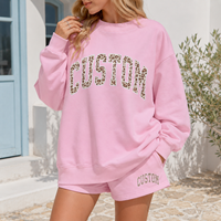 Ensemble survêtement décontracté pour femme grande taille en coton, sweat-shirt à col rond et short, imprimé léopard personnalisé, style universitaire, streetwear
