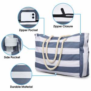 Sac fourre-tout en toile imperméable avec fermeture éclair, sac de plage à bandoulière, grands sacs à main pour femmes - Product Image 4