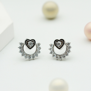 Impresionantes Pendientes de Corazón de Oro Sólido de 9K/14K/18K con Esmalte Negro y Halo de Diamantes para Regalo, Joyería de San Valentín - Product Image 1
