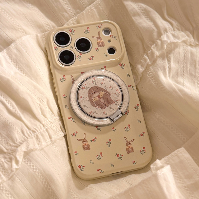 Glossy Cream Cute Bunny Shockproof TPU+PC for Phone Case for 17/16/15/14/13/12 Pro Max Detachable Magnetic Stand