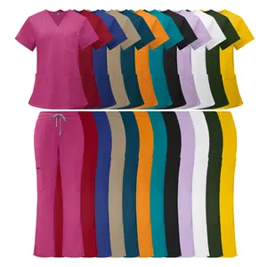 Wholesale Women Scrub Uniform Nursing Scrub Sets Top + Flared Straight Leg Pants Spandex Breathable Female Medical Stretch Scrub