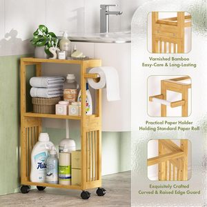 Estante de almacenamiento de madera de 3 niveles, estantería de bambú para baño con ruedas para papel higiénico y artículos de limpieza - Product Image 4