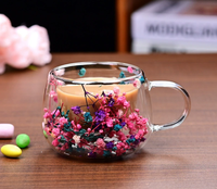 Mug en verre borosilicate soufflé à la main à double paroi avec intercouche de fleurs séchées, résistant à la chaleur, 130 ml, anti-fuite