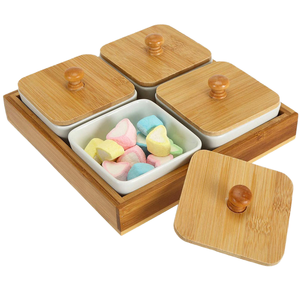 Plateau de service en bambou personnalisé, classique, écologique, multi-compartiments, avec bols en céramique et couvercles en bois, gravure possible, pour fêtes, collations et bonbons - Product Image 1
