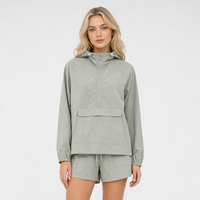 Veste Anorak Femme Vert Sauge 100% Nylon Style Coréen Demi-Zip à Capuche Fine Coupe-Vent Sport Automne/Hiver
