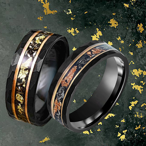 SZ CHENG JEWELERS Tungsten Ring New Jewelry Ouro 18K Rose Folha e Alumínio Slag Incrustado Martelado Matte Preto Tungsten Band - Product Image 3