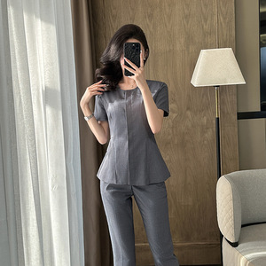 Women's Professional Suit <b>Set</b> Short Sleeve Collarless Breathable Worsted Summer <b>Office</b> Lady Style - Product Image 3