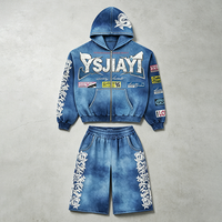 Ensemble de survêtement YSJY personnalisé 400 g/m² avec broderie délavée et effet usé, comprenant un sweat à capuche court ample et un pantalon de survêtement évasé pour homme