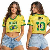 Camiseta Deportiva Y2K con Cuello en V para Mujer, Sublimación Completa, Manga Corta, Estampado de Bandera, Malla Transpirable, Estilo Jersey de Fútbol