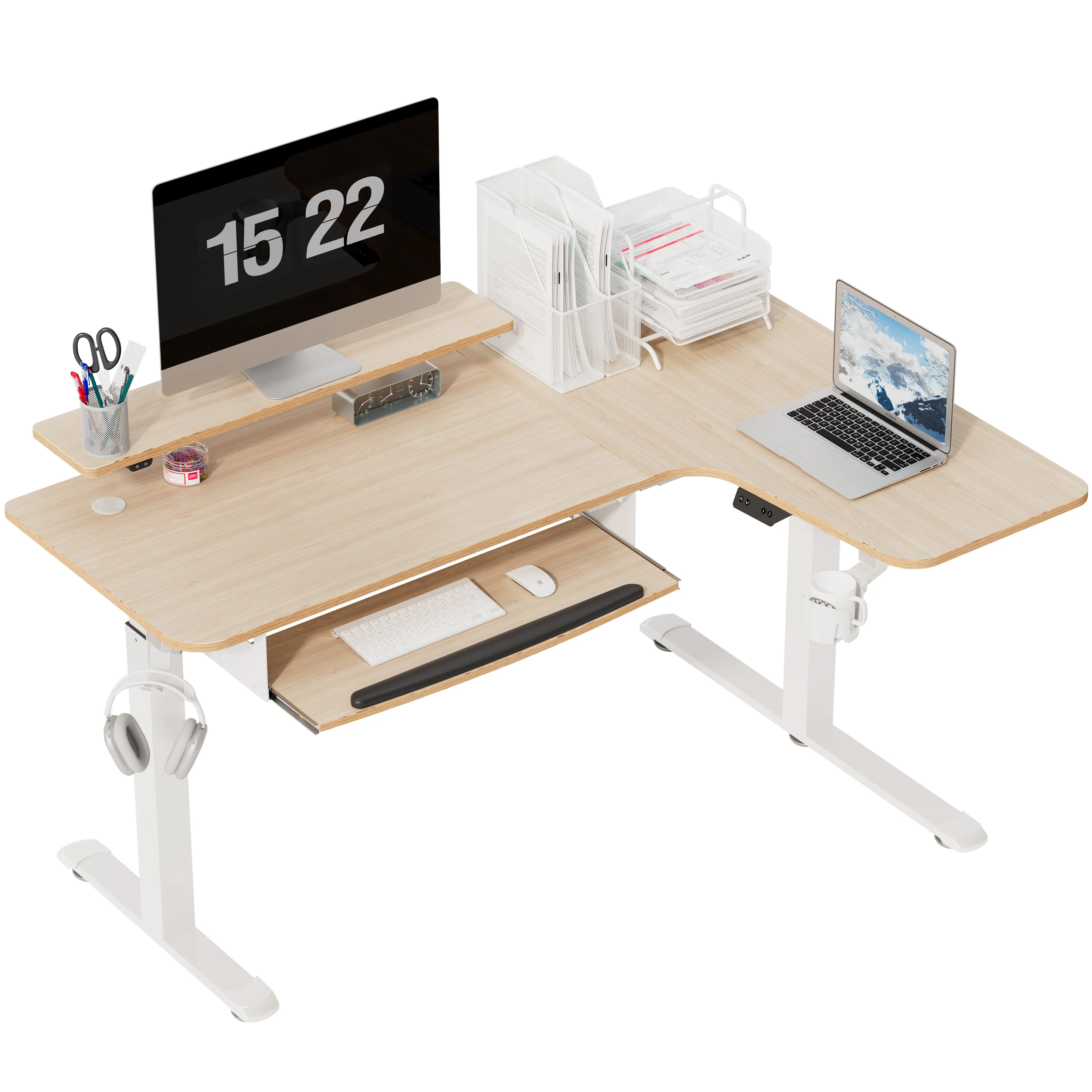 L-Shaped Electric Height Adjustable Office Desk W Keyboard Tray, 61" Electric Standing Computer Desk W Monitor Stand, Maple/R