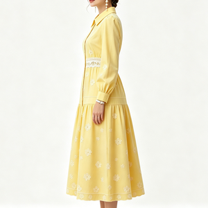 Robe mi-longue décontractée jaune personnalisée pour femme, brodée, avec dentelle florale à la taille, manches longues lanternes et boutonnage frontal à volants - Product Image 3