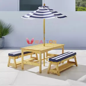Kids Outdoor Wooden Table And Bench Set With Cushions And Umbrella Children's Backyard Baby Furniture Table And Chair Set