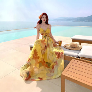 Robe de plage à thème insulaire, dos nu, style halter, tie-dye, en maille, longue, pour les voyages et les vacances - Product Image 3