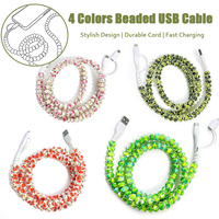 Câble de données USB imprimé floral avec perles, décoratif, multifonctionnel 3 en 1, cordon de charge et synchronisation pour téléphone portable