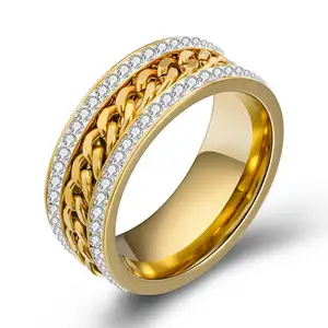 艾伦屋珠宝不锈钢18k镀金链条男士水晶结婚订婚戒指带，旋转戒指