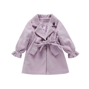 Manteau en laine mi-long pour filles, style décontracté, col à revers, simple boutonnage, manches évasées, ceinture en coton, collection automne-hiver - Product Image 1