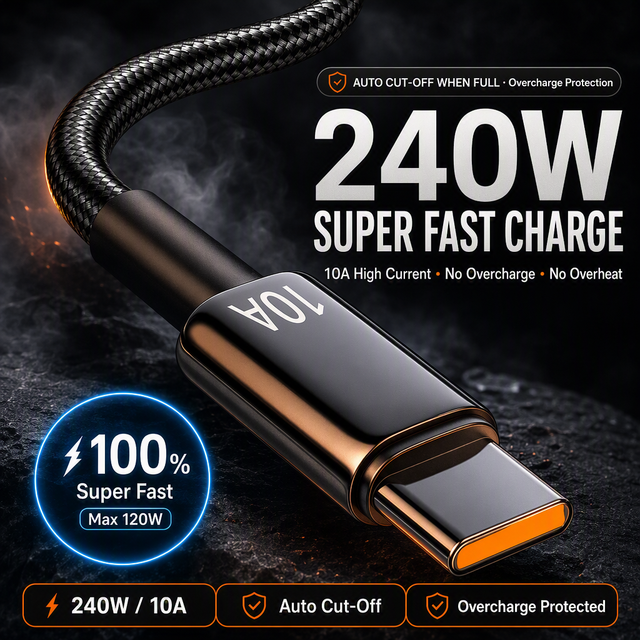 10A Super-Fast Charging Braided Weaving USB-C Data Cable Compatible for VIVO for OPPO Honor Phones; Car-Charging Cable