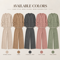 Ensemble 2 pièces en tricot côtelé pour femme, cardigan à col en V avec boutons et poches, et pantalon large assorti pour la détente à la maison
