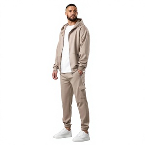 Ensemble de survêtement beige à capuche pour homme, manches longues, couleur unie, tenue décontractée de jogging avec poches latérales, coupe régulière, pour l'automne - Product Image 2