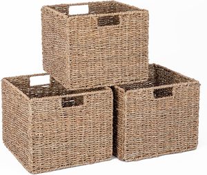 Seagrass Woven <b>Storage</b> Baskets Rectangle Handmade Rustic Style for Living Room Neatening Organizer <b>Bin</b> with Handles <b>3</b> Pack - Product Image 3