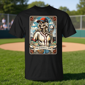 T-shirt unisexe pour adulte à manches courtes et col rond avec impression numérique, motif Baseball Mom Skeleton Tarot Card, Sports et jeux - Product Image 3
