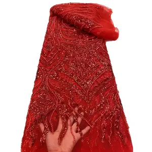 Beautifical אדום חרוזים תחרה בדים לחתונה שמלות באיכות גבוהה צרפתית חרוזים שרוכים ML75N393