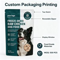 Sachet Doypack vide pour friandises pour animaux de compagnie à base de viande crue lyophilisée, avec logo personnalisé imprimé, pour complément nutritionnel et nourriture pour chiens et chats, en plastique