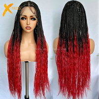 Perruques Tressées Pleine Dentelle Bohème 32 Pouces Ombre Bordeaux, Tresses Carrées Faites à la Main avec Boucles Boho