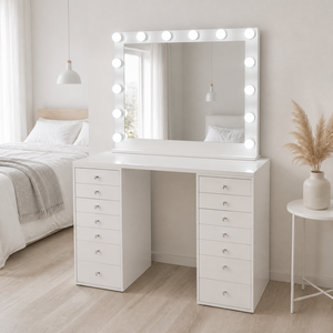 Tocador de Maquillaje Blanco Brillante OEM <span class=keywords><strong>con</strong></span> Espejo Iluminado y Estante Trasero, Perillas de Cristal, Diseño Personalizado, Mesa de Maquillaje para Exportación - Product Image 1