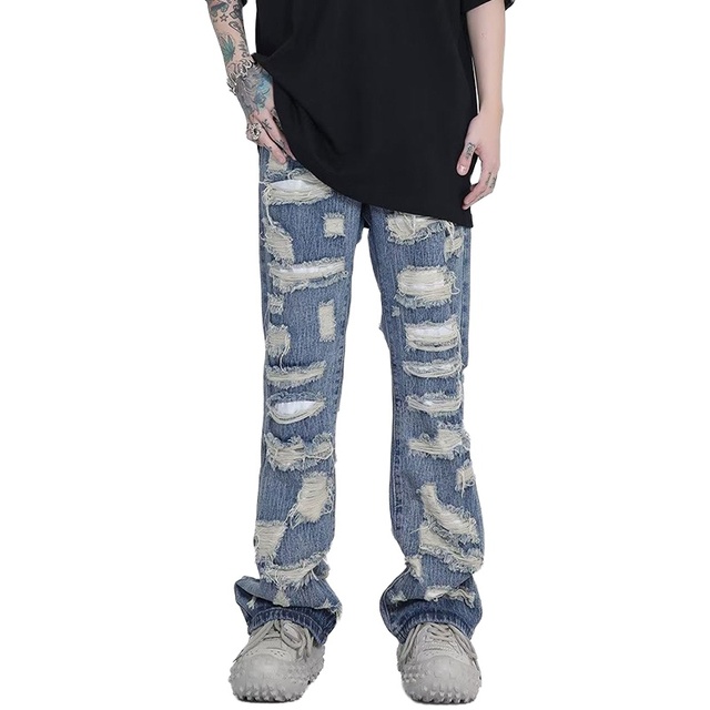 DiZNEW 2026 High Street Heavy Distressed Graphic Baggy Jeans Mens Streetwear All Over Logo Embroidery Denim Pants Wholesale