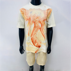 Di alta qualità Oversize cotone serigrafia T Shirt Custom uomini due pezzi acido lavare T-Shirt tuta corta Set per gli uomini - Product Image 3