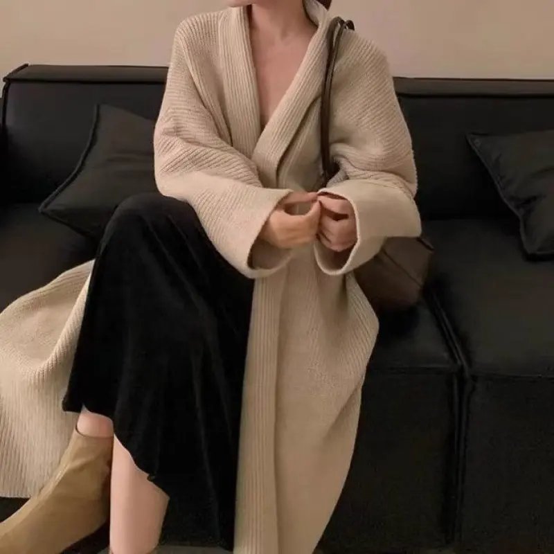 OEM/ODM Custom Ladies Long Coat Design Autumn French Style High-class Loose Knitted Cardigan Thickened Long Cardigan Sweater