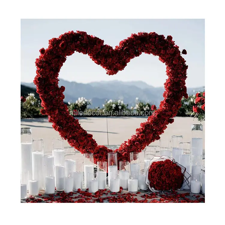 Gigante romântico formato de coração arco com flores backdrop, vermelho, rosas, flores para decoração de casamento