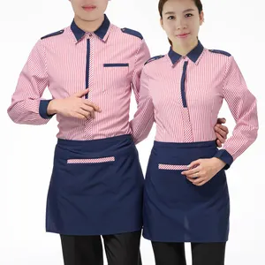 polyester cotton blend custom size logo brand red stripes blue stripes long sleeve hotel restaurant uniform women's men's shirt