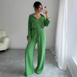 Conjunto de Dos Piezas de Verano para <span class=keywords><strong>Mujer</strong></span>, Talla Grande, Blusa Informal Lisa con Aspecto de <span class=keywords><strong>Lino</strong></span> y Pantalones Largos Holgados de Cintura Alta - Product Image 4