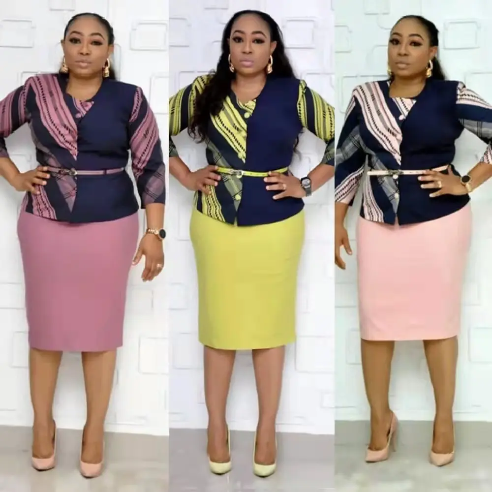 Amazon Hot Sale Mode Afrika & Türkei Büro kleidung zweiteilige Set Kleider Langarm plus Größe Damen kleider mit 2XL-6XL