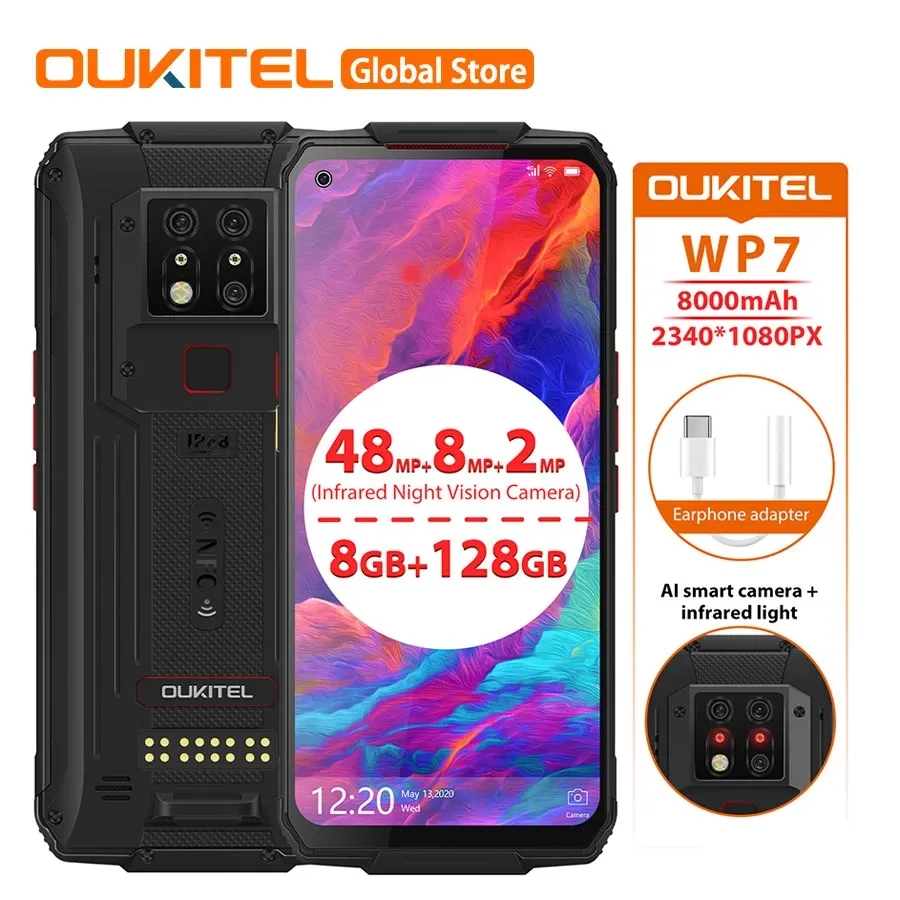 OUKITEL WP7 Smartphone 8000mAh 6.53 pollici A Raggi Infrarossi di Visione Notturna Robusto Telefono Mobie 8GB + 128GB Octa Core 48MP Tripla Camera Phone