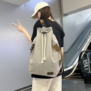 <b>Drawstring</b> <b>Backpack</b> Canvas Unisex Large Capacity Sports Travel Bag Detachable Strap Solid Color Khaki Black Light Gray - Product Image 3